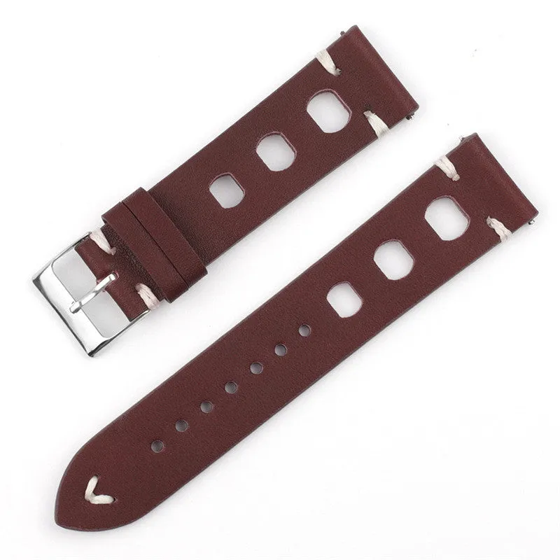 Genuine cowhide leather watch strap with stainless steel pin buckle, available in 18mm to 26mm widths and six colours