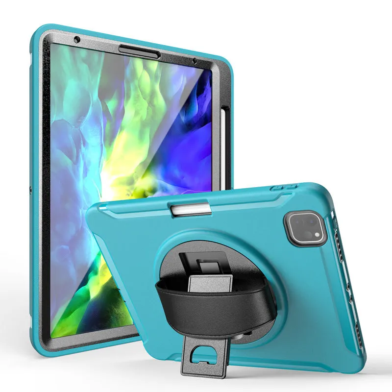 iPad case with pen slot, leather hand strap and rotating bracket in silicone PC construction