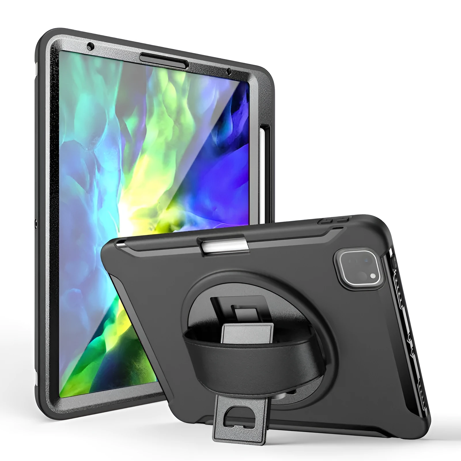iPad case with pen slot, leather hand strap and rotating bracket in silicone PC construction