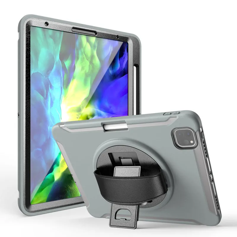 iPad case with pen slot, leather hand strap and rotating bracket in silicone PC construction