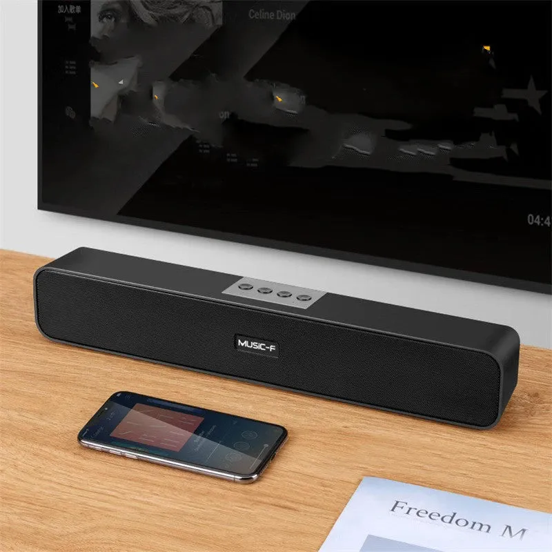 Black desktop long multimedia Bluetooth speaker with plastic shell and slim 380x55x55mm design