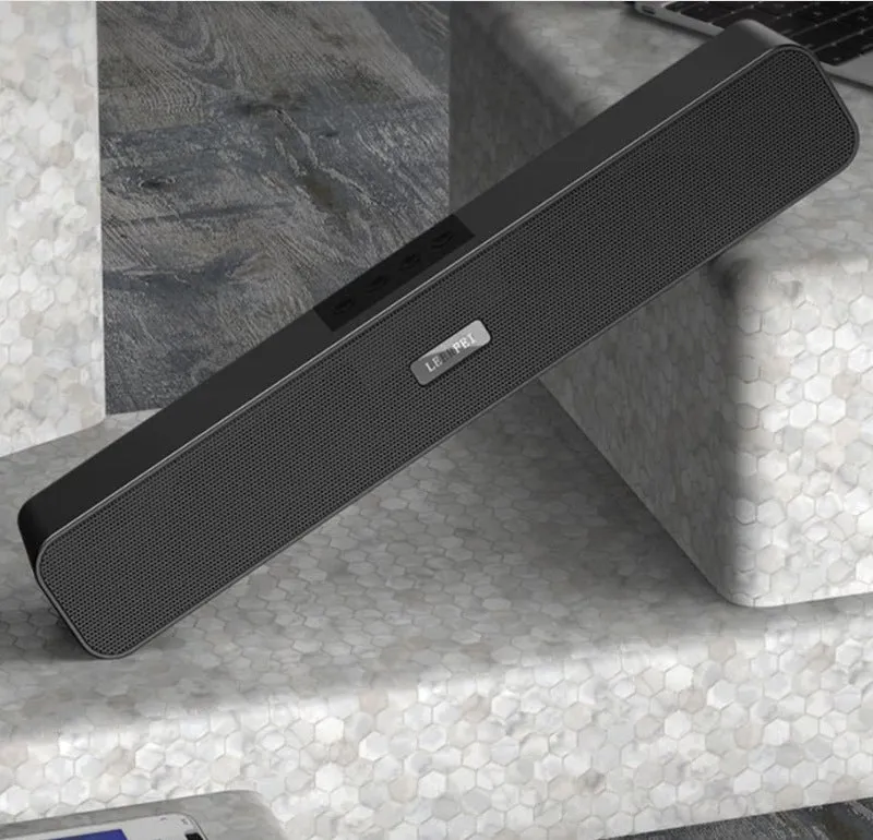 Black desktop long multimedia Bluetooth speaker with plastic shell and slim 380x55x55mm design