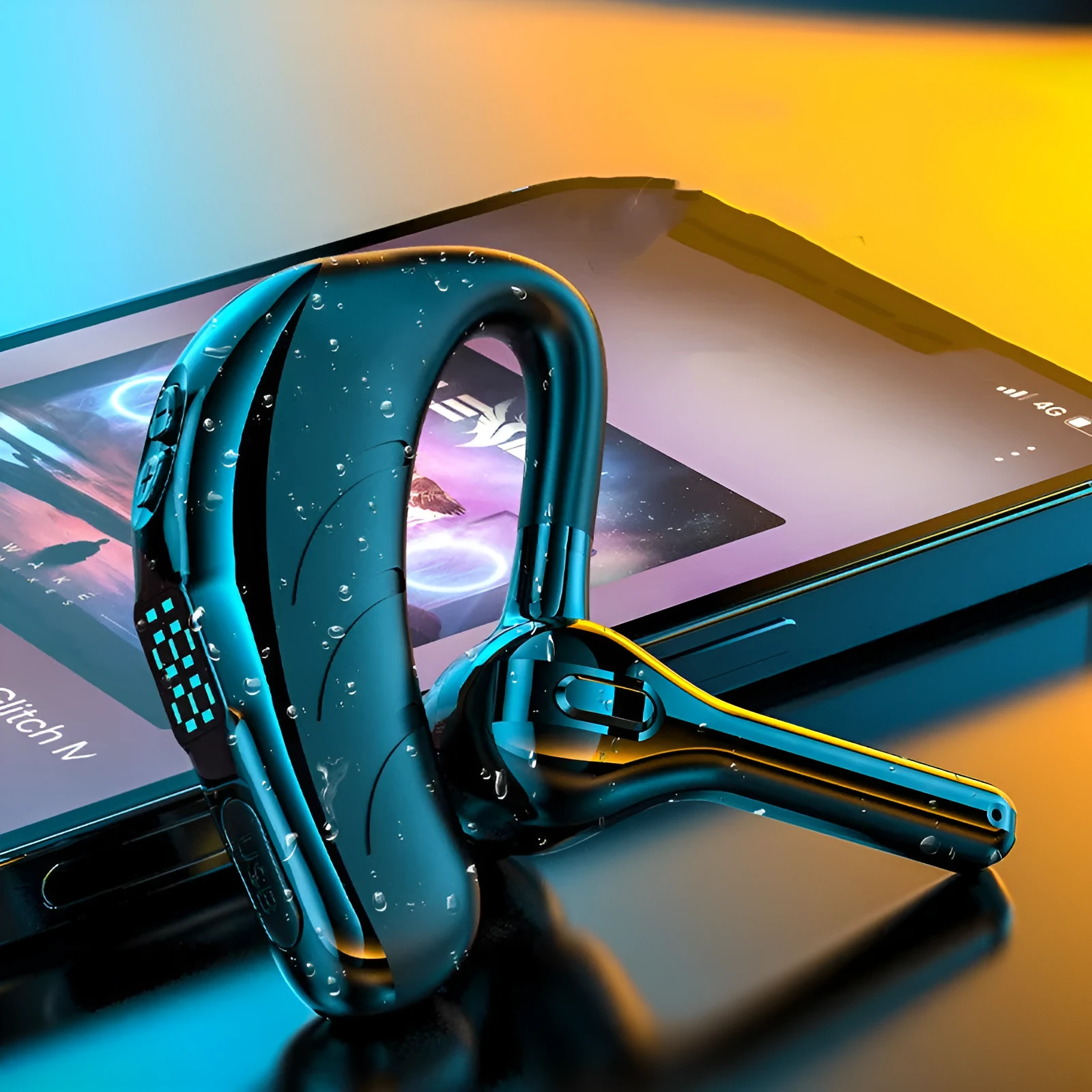 Battery display wireless Bluetooth headset ear mounted in black with charging port visible