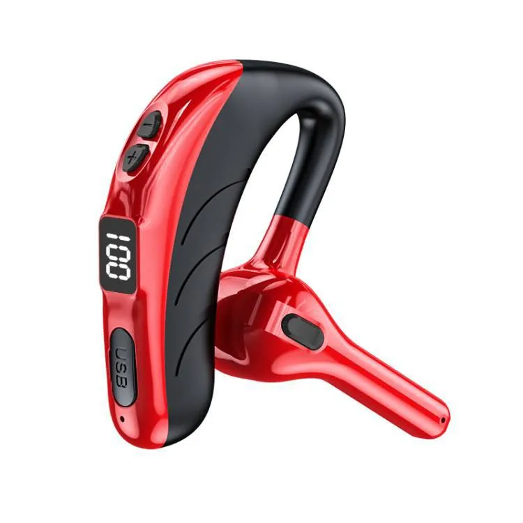 Battery display wireless Bluetooth headset ear mounted in black with charging port visible