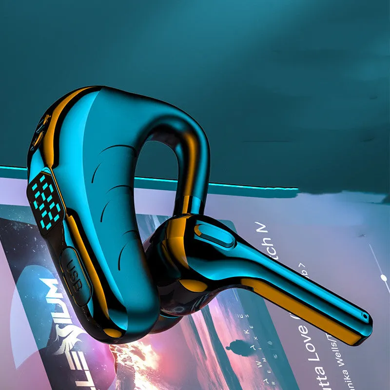 Battery display wireless Bluetooth headset ear mounted in black with charging port visible