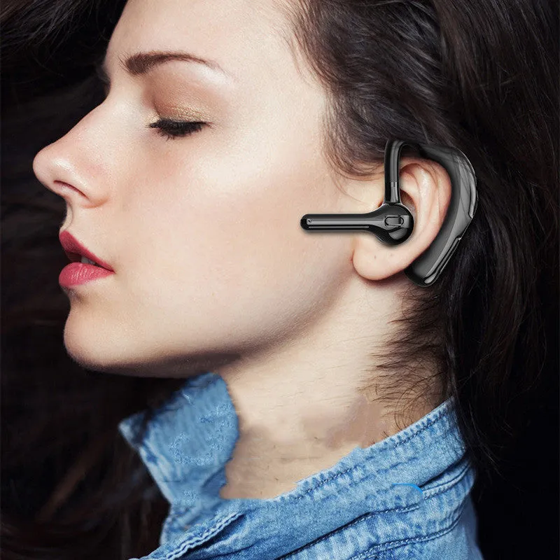 Battery display wireless Bluetooth headset ear mounted in black with charging port visible
