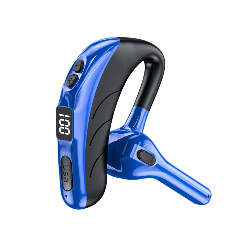 Battery display wireless Bluetooth headset ear mounted in black with charging port visible