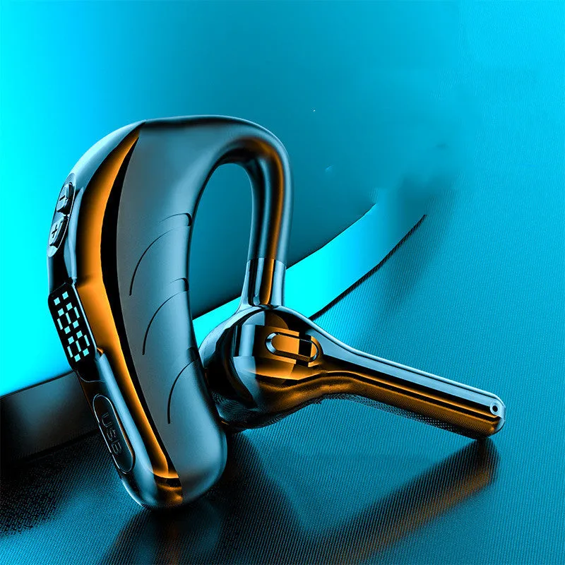 Battery display wireless Bluetooth headset ear mounted in black with charging port visible