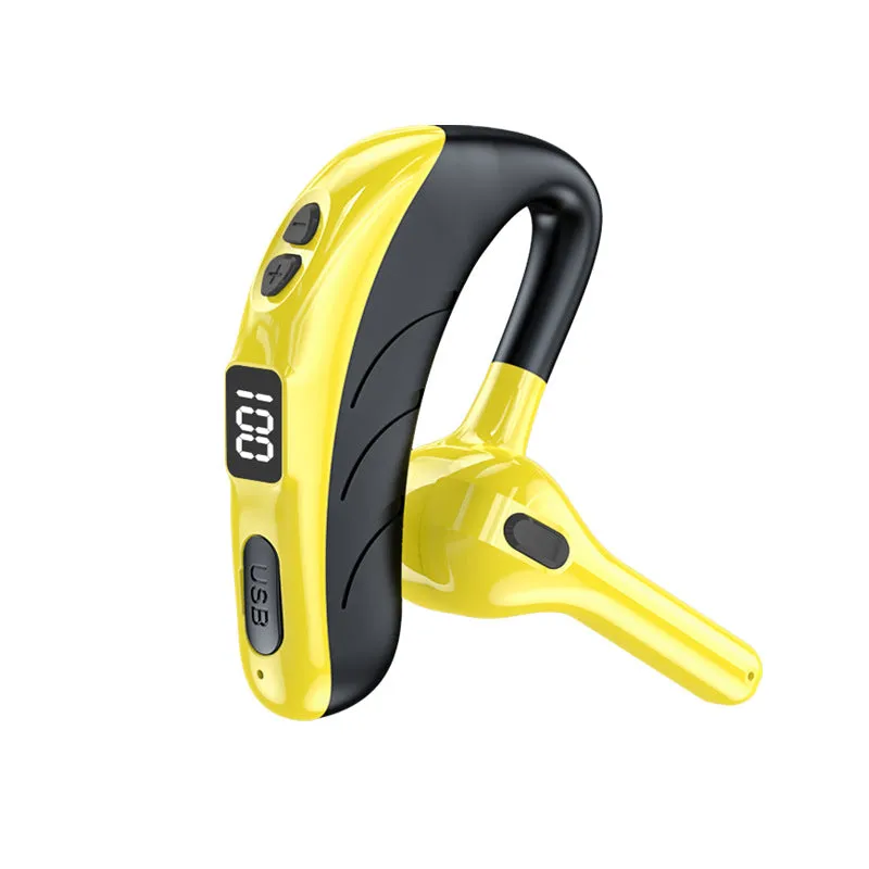 Battery display wireless Bluetooth headset ear mounted in black with charging port visible