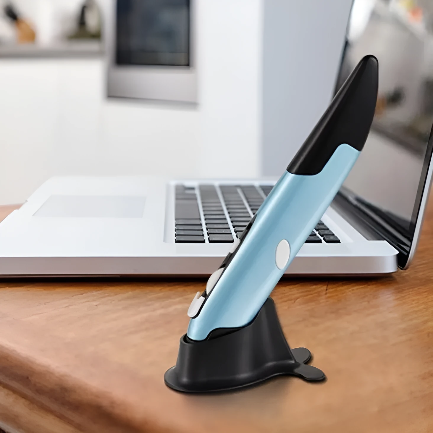 Wireless optical pen mouse in a pen shape with 2.4 GHz USB receiver and support stand, available in Blue, Gray, or Red