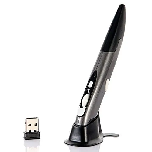 Wireless optical pen mouse in a pen shape with 2.4 GHz USB receiver and support stand, available in Blue, Gray, or Red