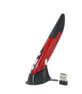 Wireless optical pen mouse in a pen shape with 2.4 GHz USB receiver and support stand, available in Blue, Gray, or Red