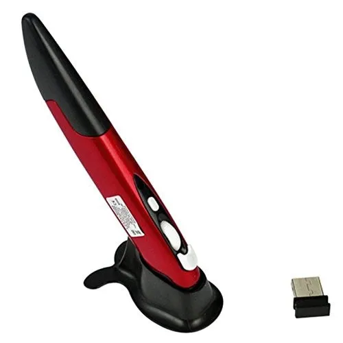 Wireless optical pen mouse in a pen shape with 2.4 GHz USB receiver and support stand, available in Blue, Gray, or Red
