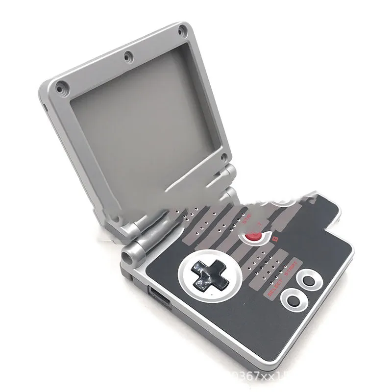 Transparent NES style replacement shell for Nintendo Game Boy Advance SP console showing grey colour and internal circuit board visible