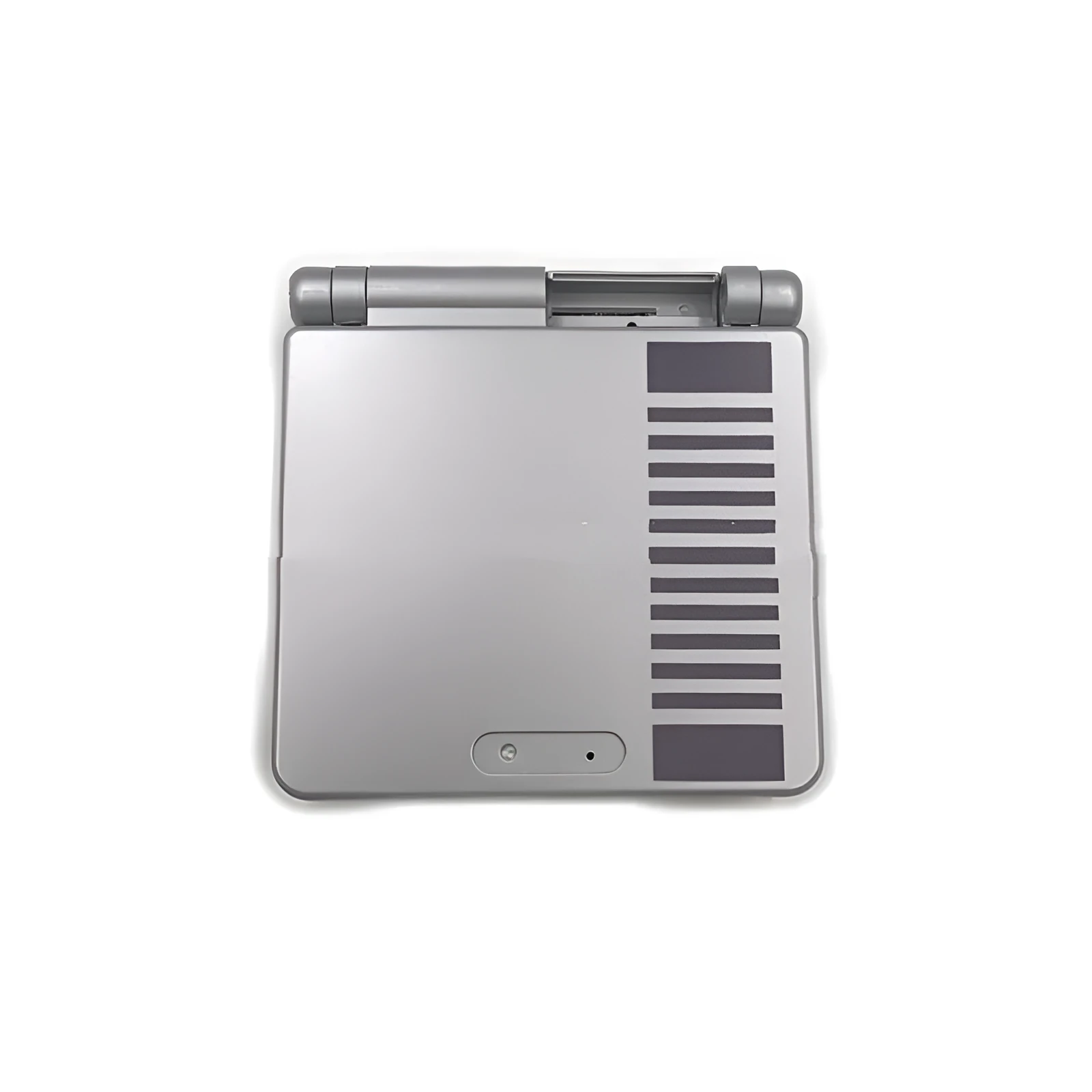 Transparent NES style replacement shell for Nintendo Game Boy Advance SP console showing grey colour and internal circuit board visible