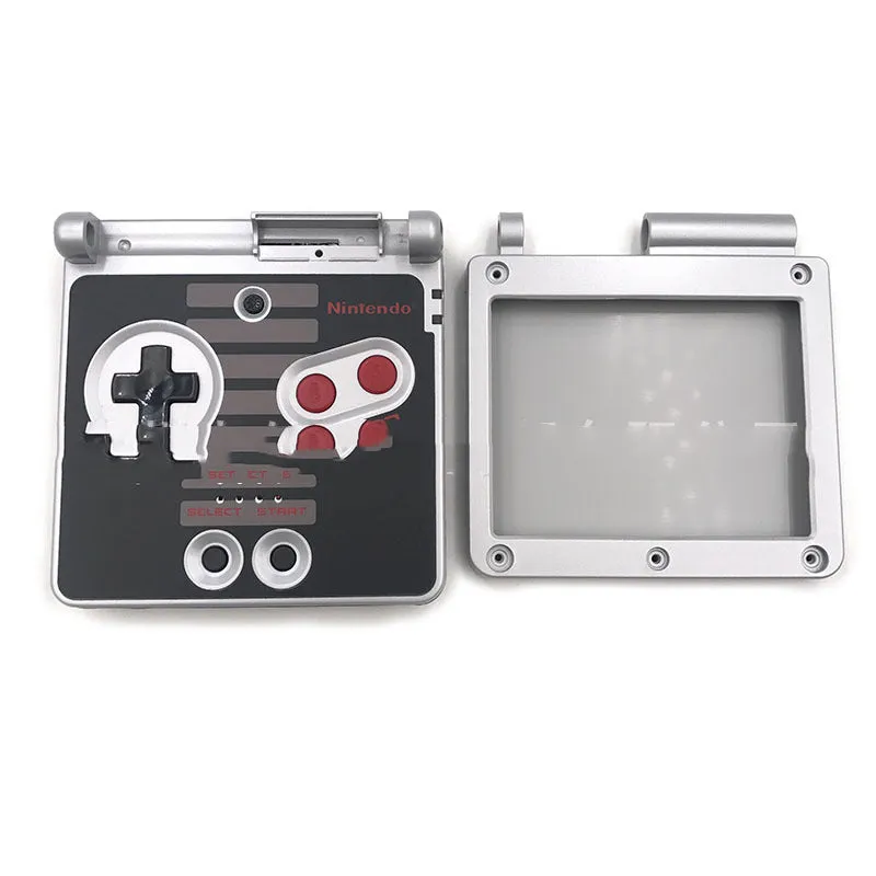 Transparent NES style replacement shell for Nintendo Game Boy Advance SP console showing grey colour and internal circuit board visible