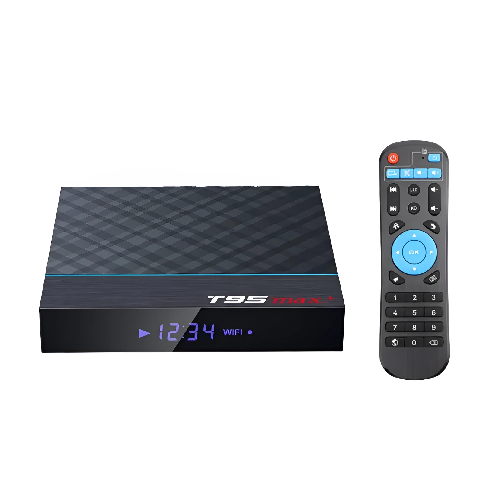 Black T95 Max Plus Android TV Box with remote control, showing ports for HDMI and power.
