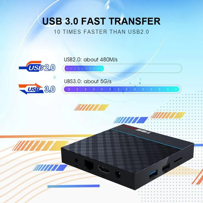 Black T95 Max Plus Android TV Box with remote control, showing ports for HDMI and power.