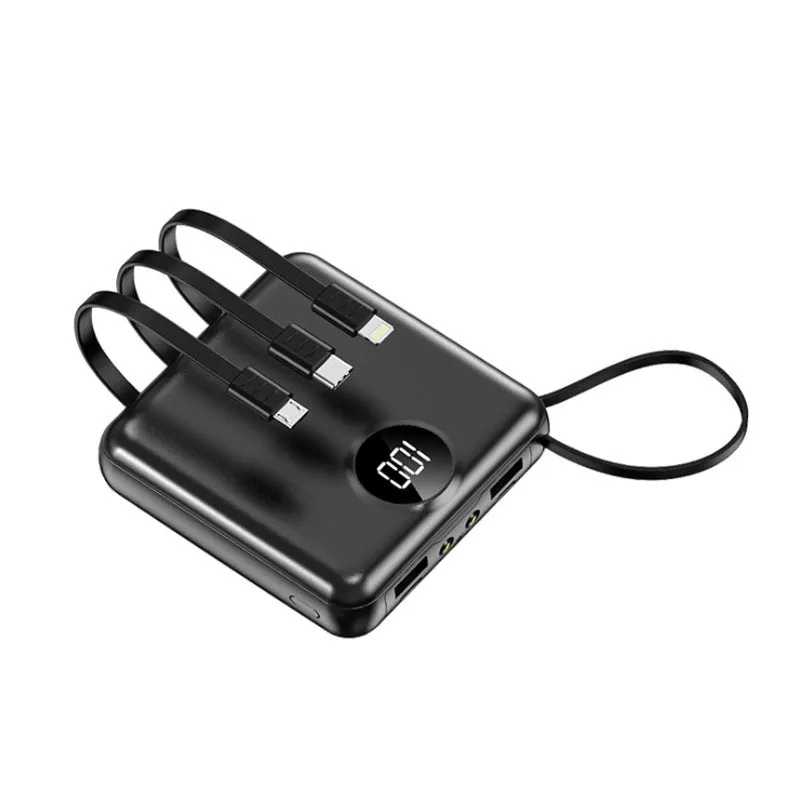 Mini polymer lithium ion power bank 10000mAh with digital display and own cable in plastic shell