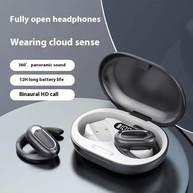 Wireless Bluetooth headset with digital display screen, ear-hook design, black orange colour, noise reduction sports earphones