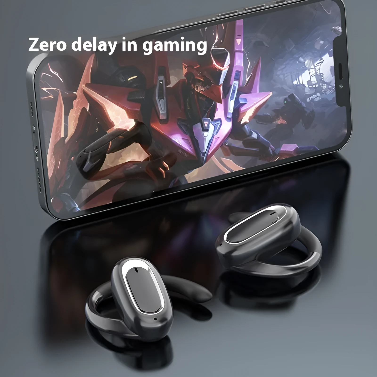 Wireless Bluetooth headset with digital display screen, ear-hook design, black orange colour, noise reduction sports earphones