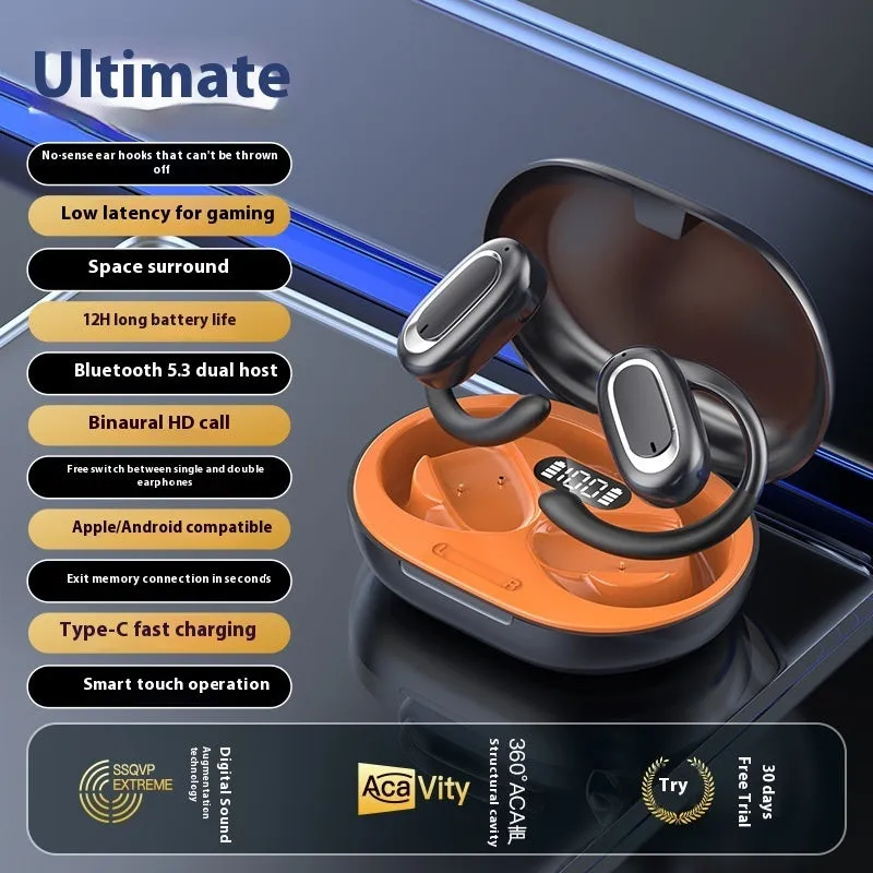 Wireless Bluetooth headset with digital display screen, ear-hook design, black orange colour, noise reduction sports earphones