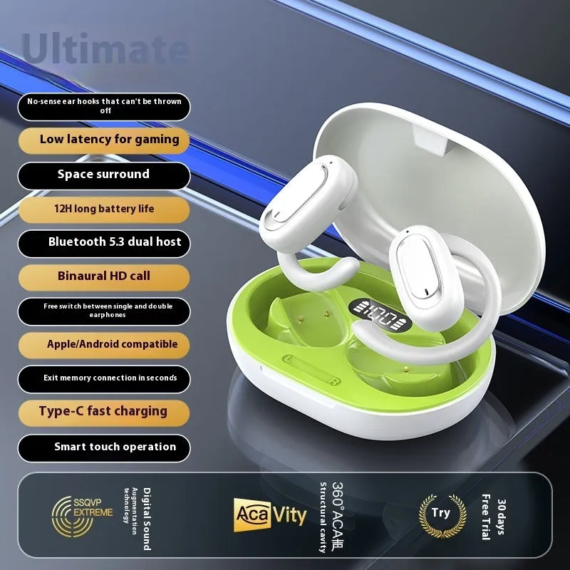 Wireless Bluetooth headset with digital display screen, ear-hook design, black orange colour, noise reduction sports earphones