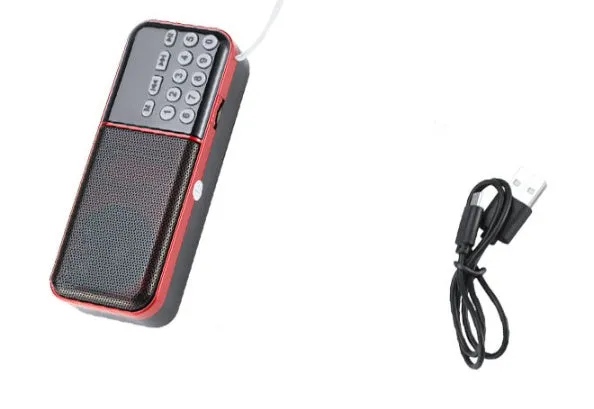 Black Walkman radio with AM FM dials and earphone jacks, plastic body, compact size 120x32x47mm