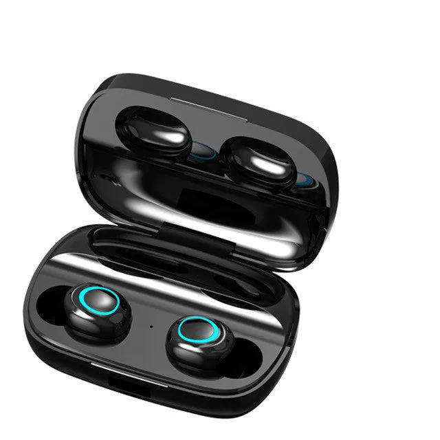 Black Bluetooth headset with LED display showing battery level, earplug style, binaural stereo