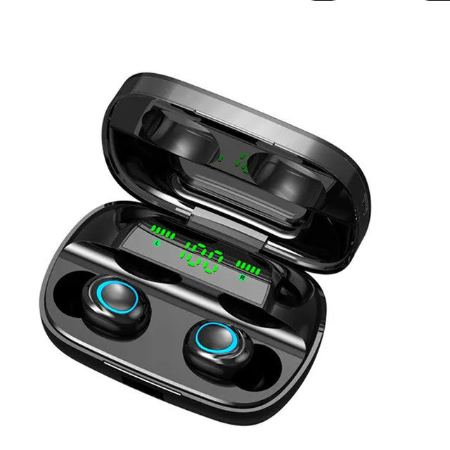 Black Bluetooth headset with LED display showing battery level, earplug style, binaural stereo