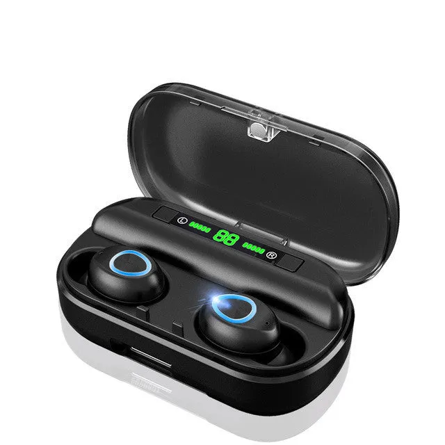 Black Bluetooth headset with LED display showing battery level, earplug style, binaural stereo
