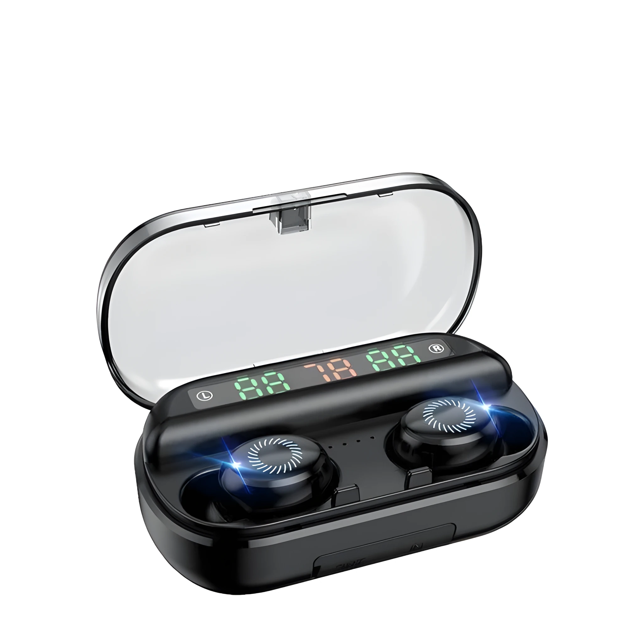 Black Bluetooth headset with LED display showing battery level, earplug style, binaural stereo