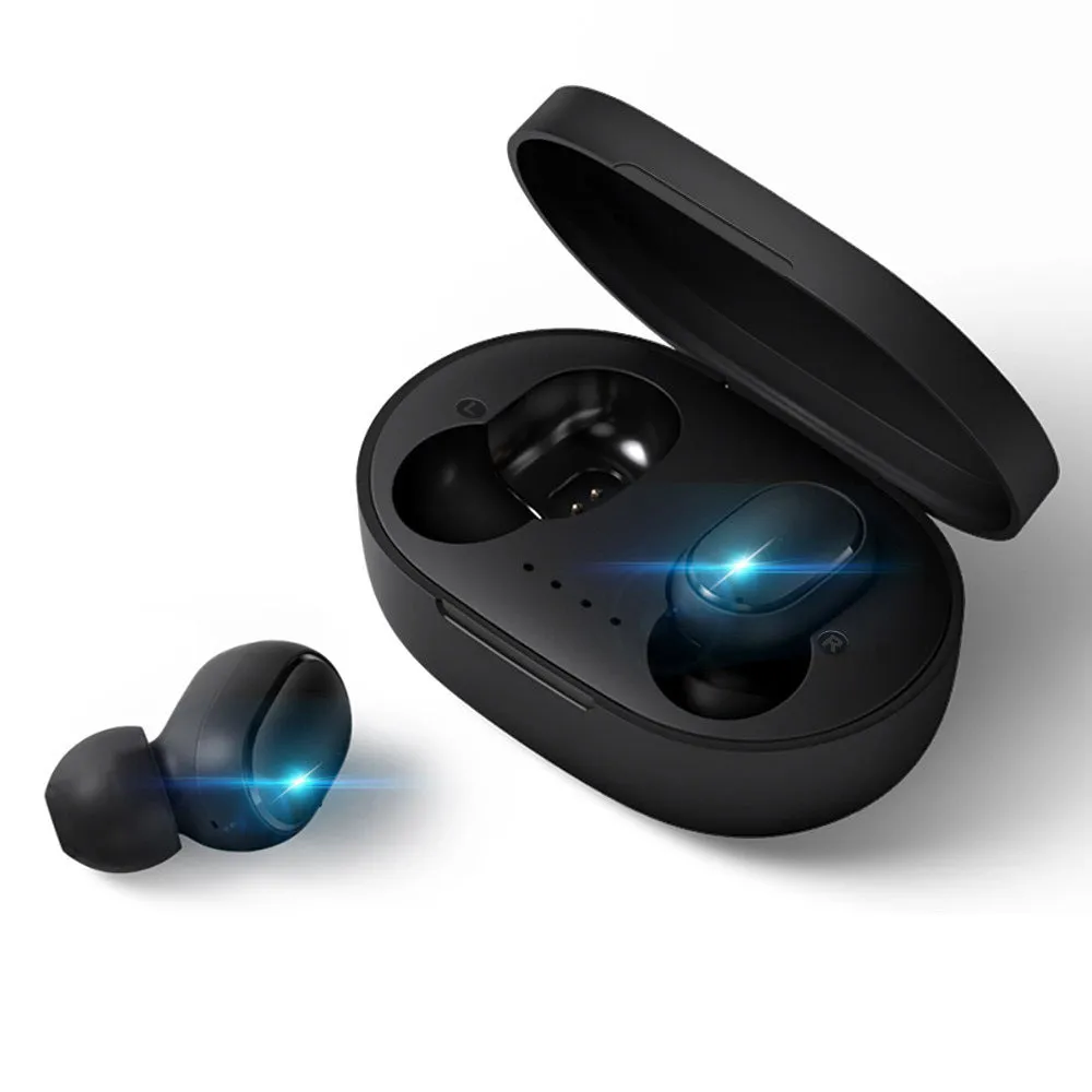 Black Bluetooth headset with LED display showing battery level, earplug style, binaural stereo