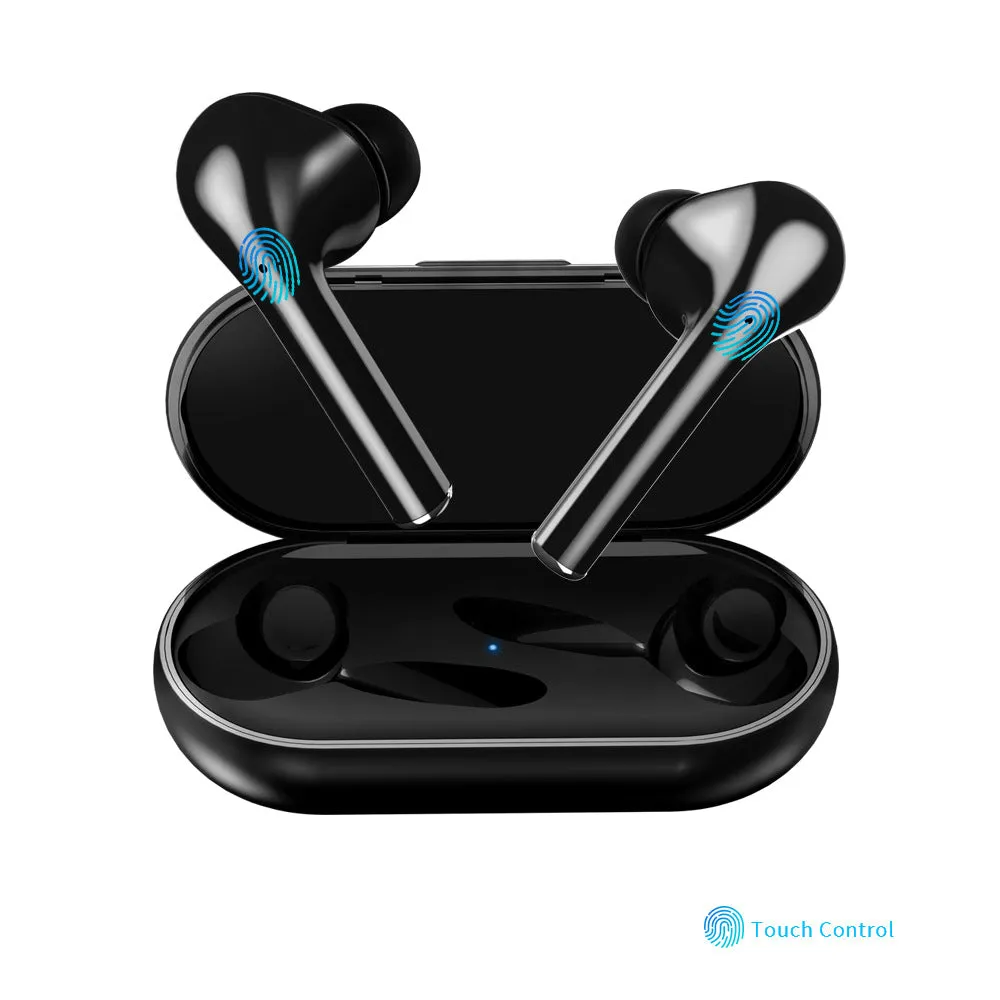 Black Bluetooth headset with LED display showing battery level, earplug style, binaural stereo