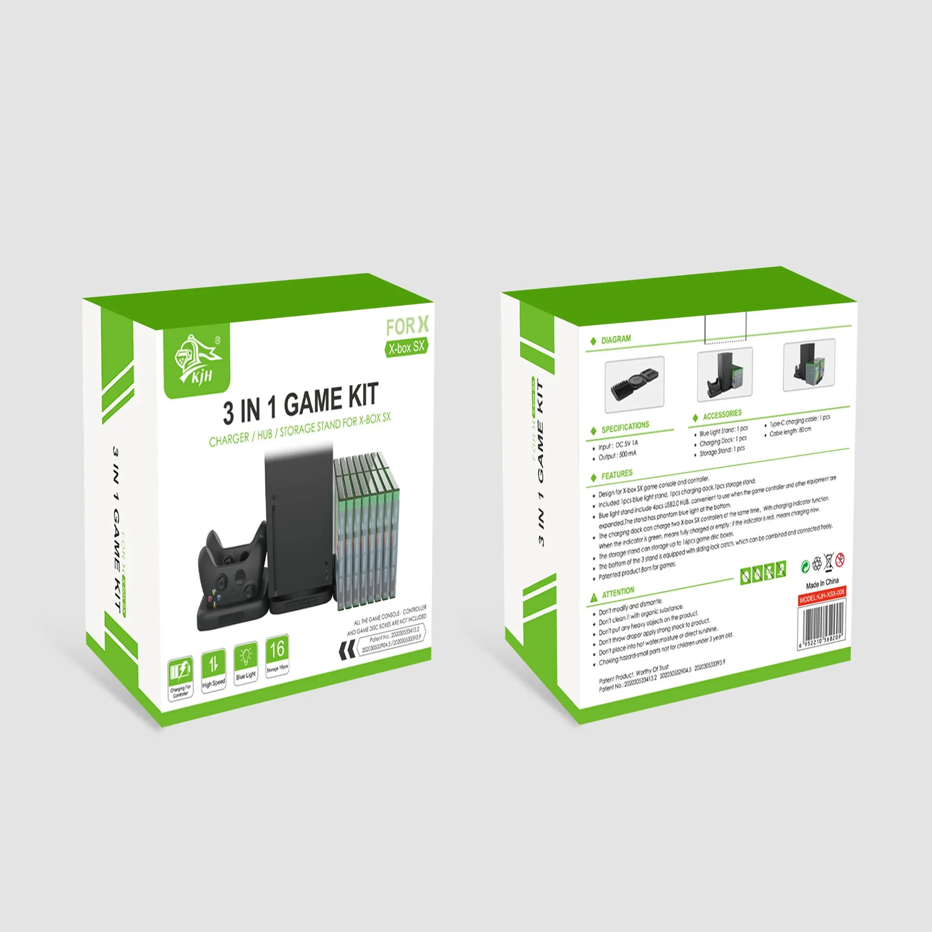 Xbox Series X three-in-one accessory set in black with main unit base, controller charging station, and disc storage rack