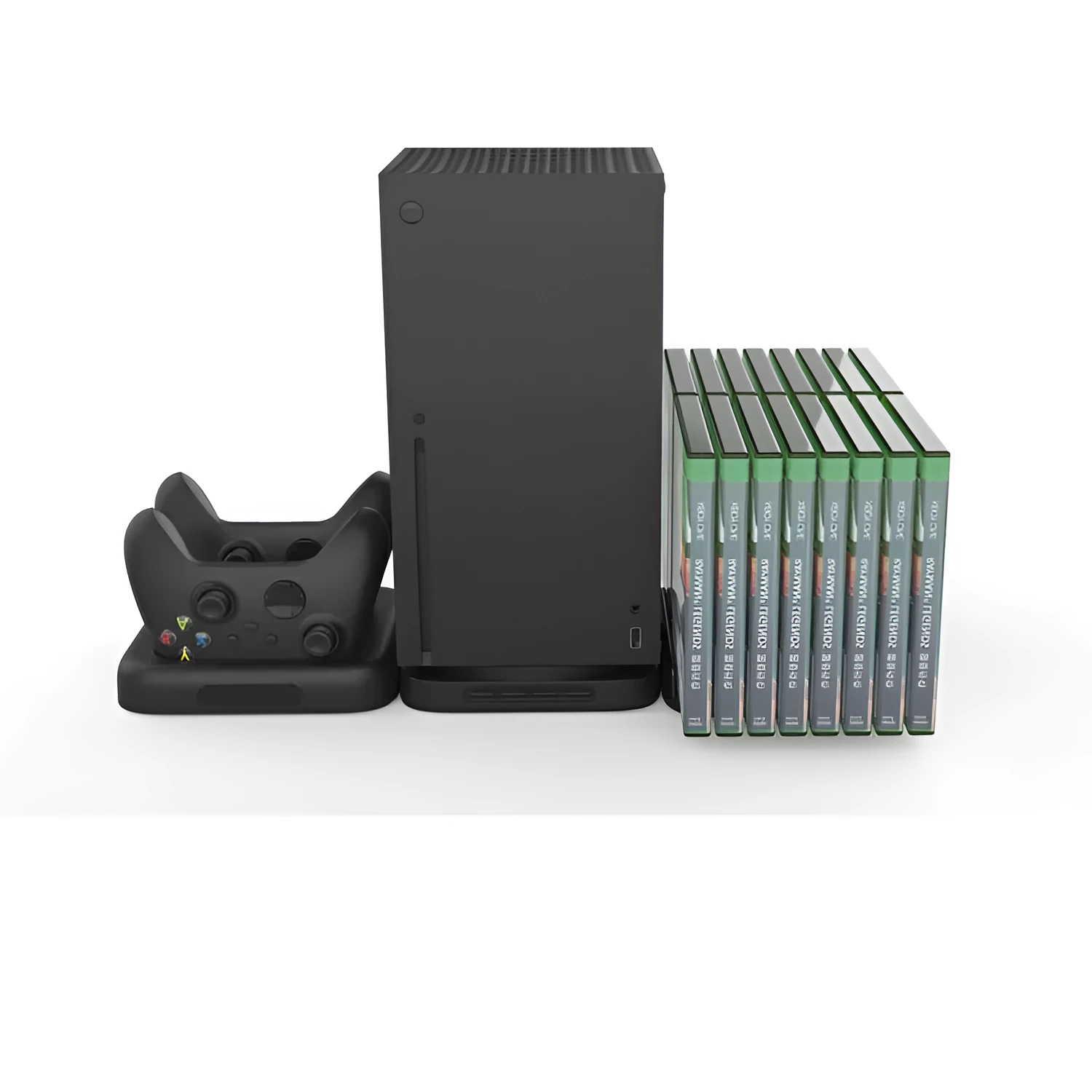 Xbox Series X three-in-one accessory set in black with main unit base, controller charging station, and disc storage rack