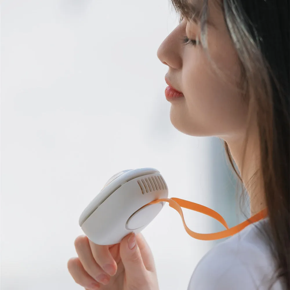 White squirrel design USB rechargeable hanging neck personal fan with three speed settings.