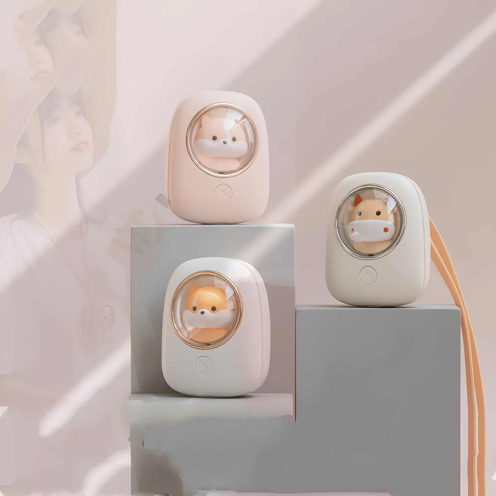 White squirrel design USB rechargeable hanging neck personal fan with three speed settings.