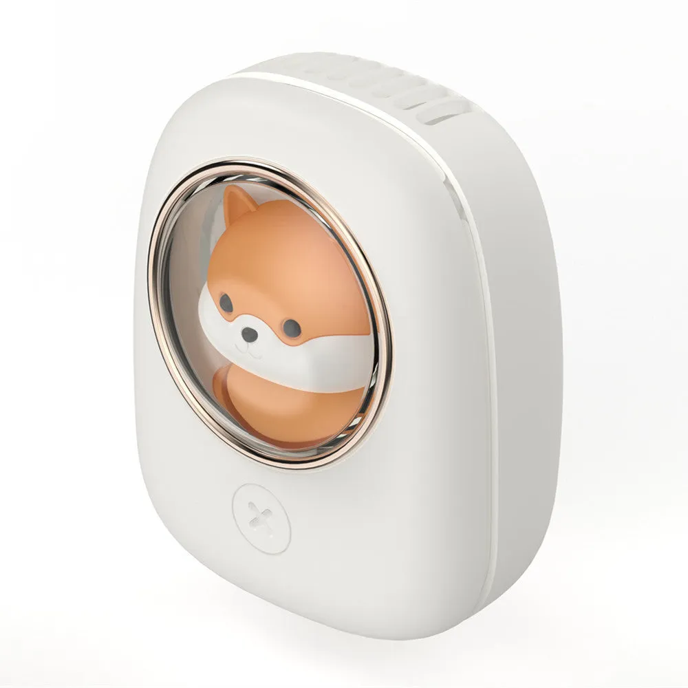 White squirrel design USB rechargeable hanging neck personal fan with three speed settings.