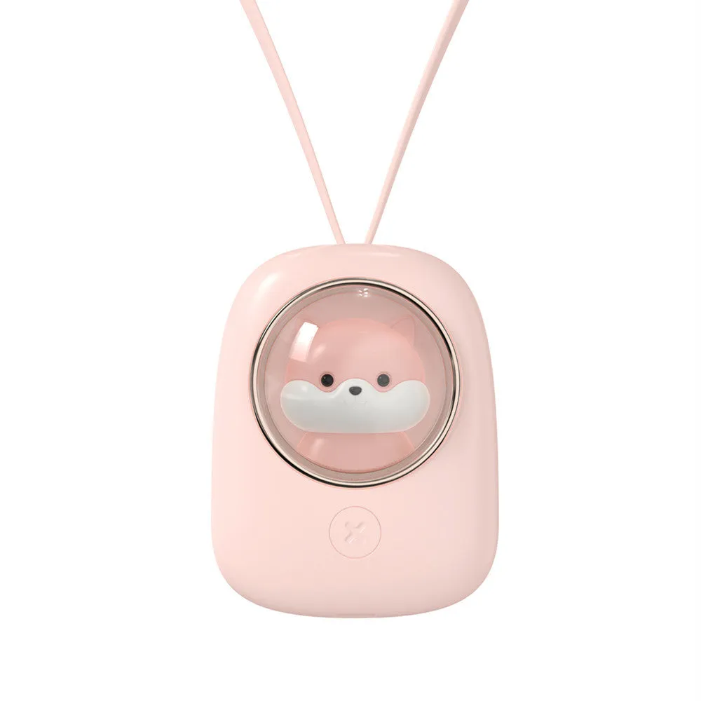 White squirrel design USB rechargeable hanging neck personal fan with three speed settings.