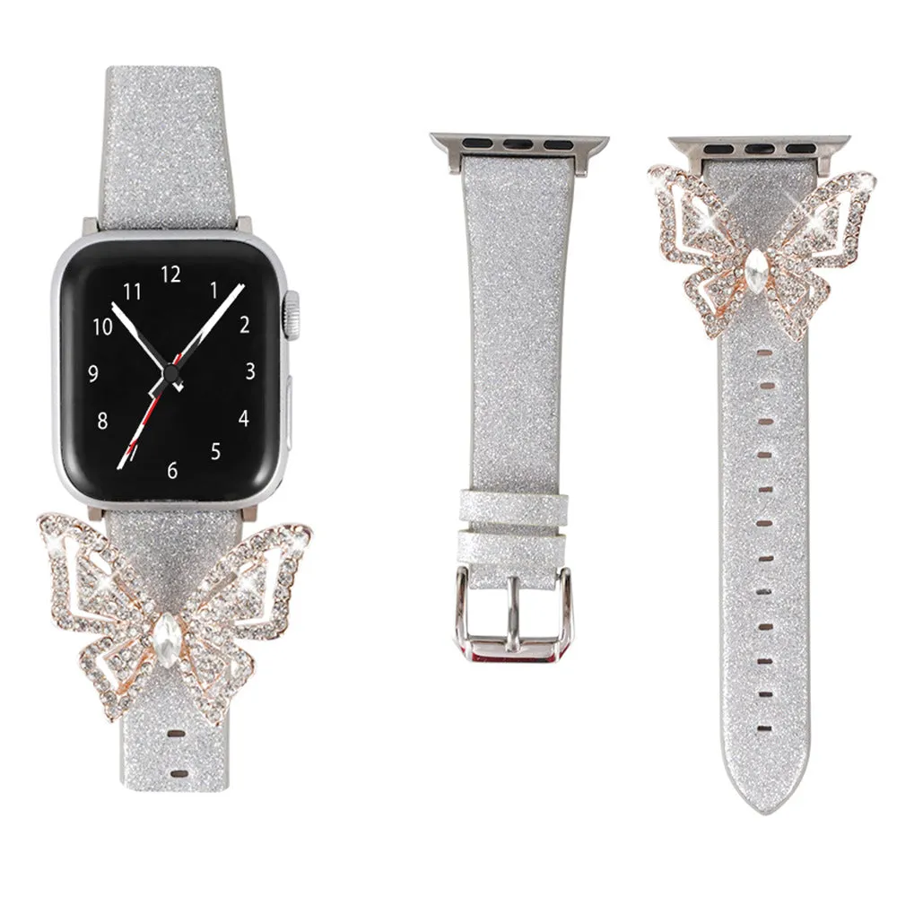 Glitter diamond butterfly pattern on a leather watch strap for Apple Watch