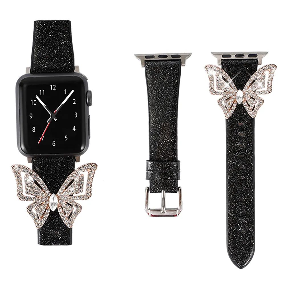 Glitter diamond butterfly pattern on a leather watch strap for Apple Watch