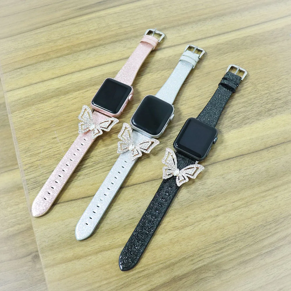 Glitter diamond butterfly pattern on a leather watch strap for Apple Watch