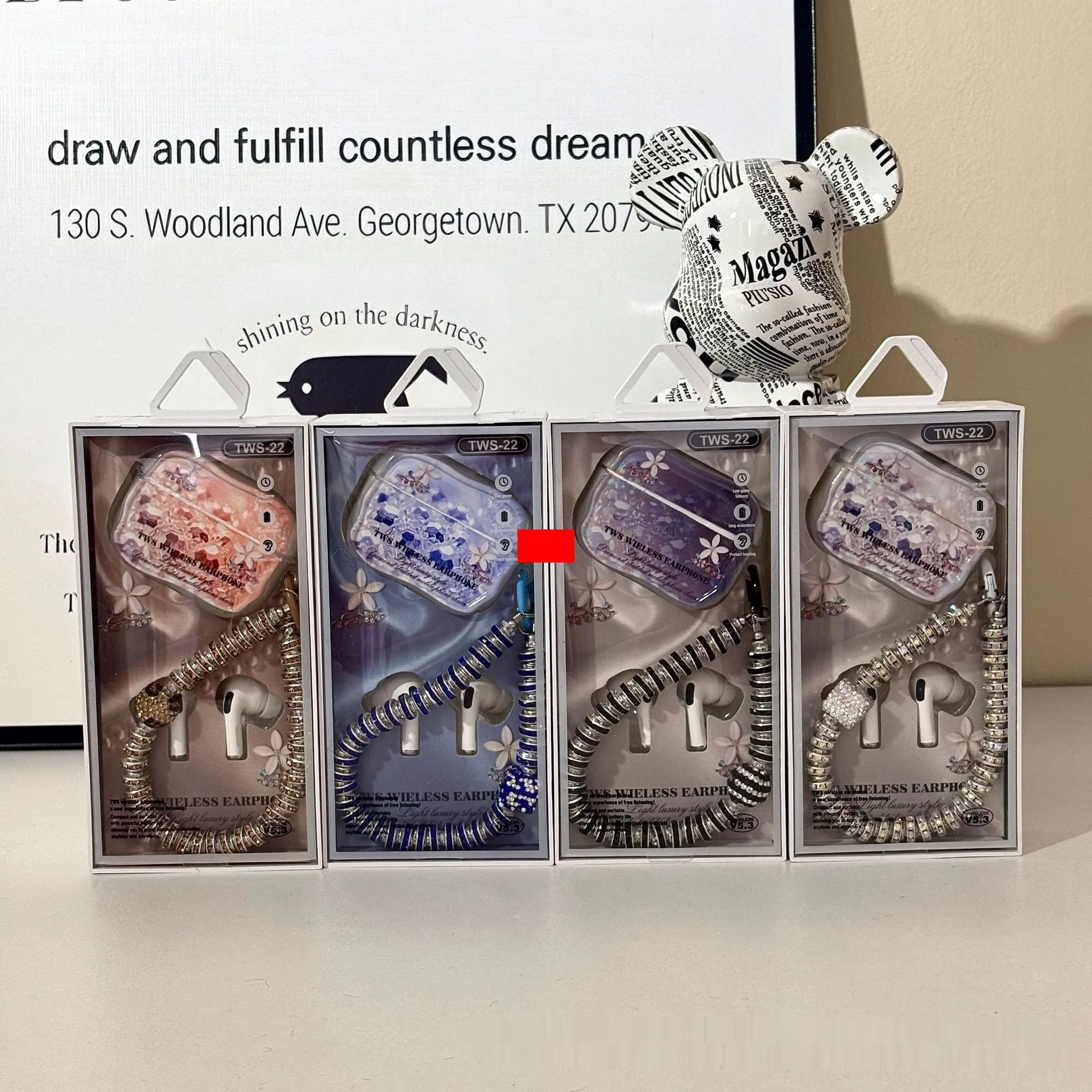 Cute cartoon in-ear Bluetooth headset with breathing light, available in orange, deep purple, light purple, and transparent colours