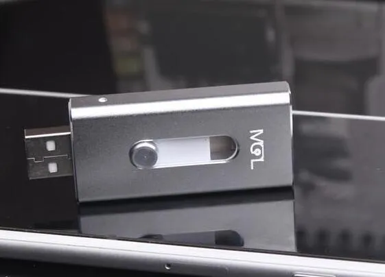 USB flash drive for iPhone in black with Lightning and USB connectors, compact portable design