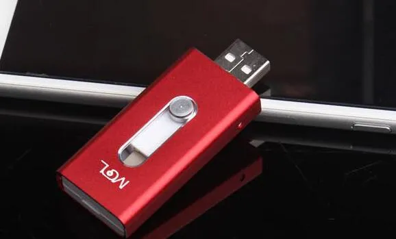 USB flash drive for iPhone in black with Lightning and USB connectors, compact portable design