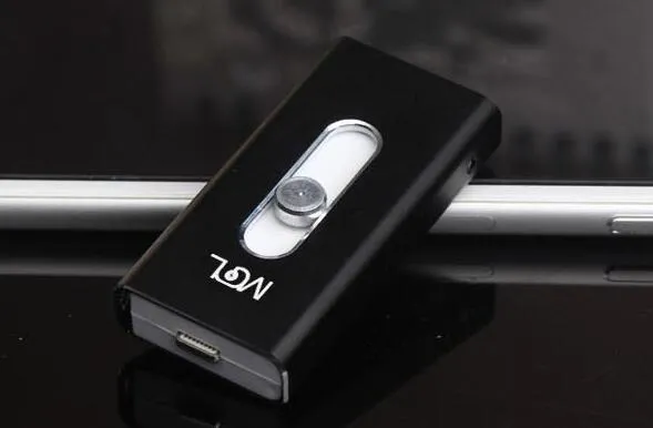 USB flash drive for iPhone in black with Lightning and USB connectors, compact portable design
