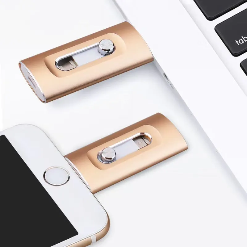 USB flash drive for iPhone in black with Lightning and USB connectors, compact portable design