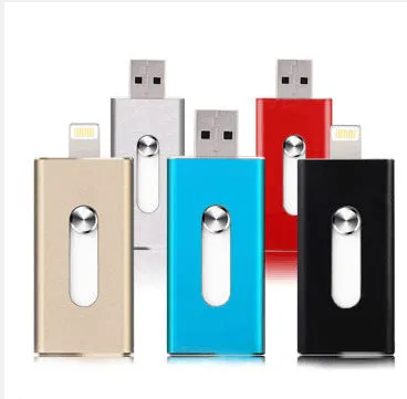 USB flash drive for iPhone in black with Lightning and USB connectors, compact portable design
