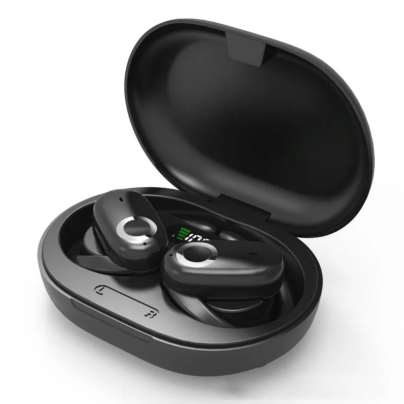 Simple Home rotating wireless Bluetooth headset in black with digital display screen, ear-mounted style